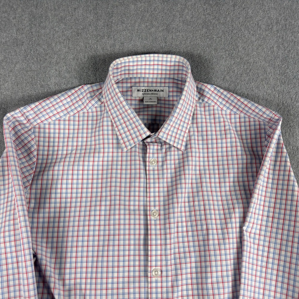 Mizzen Main Shirt Mens M Red‎ Blue Gingham Performance Trim Fit Long Sleeve